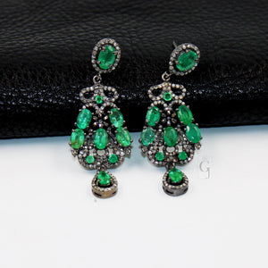 Antique Oxidized Look Emerald Earring Designer Rosecut Pave Diamond Earrings 925 Sterling Silver Handmade Silver Finish Diamond Earring