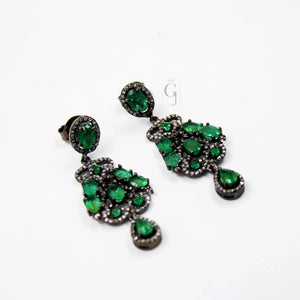 Antique Oxidized Look Emerald Earring Designer Rosecut Pave Diamond Earrings 925 Sterling Silver Handmade Silver Finish Diamond Earring