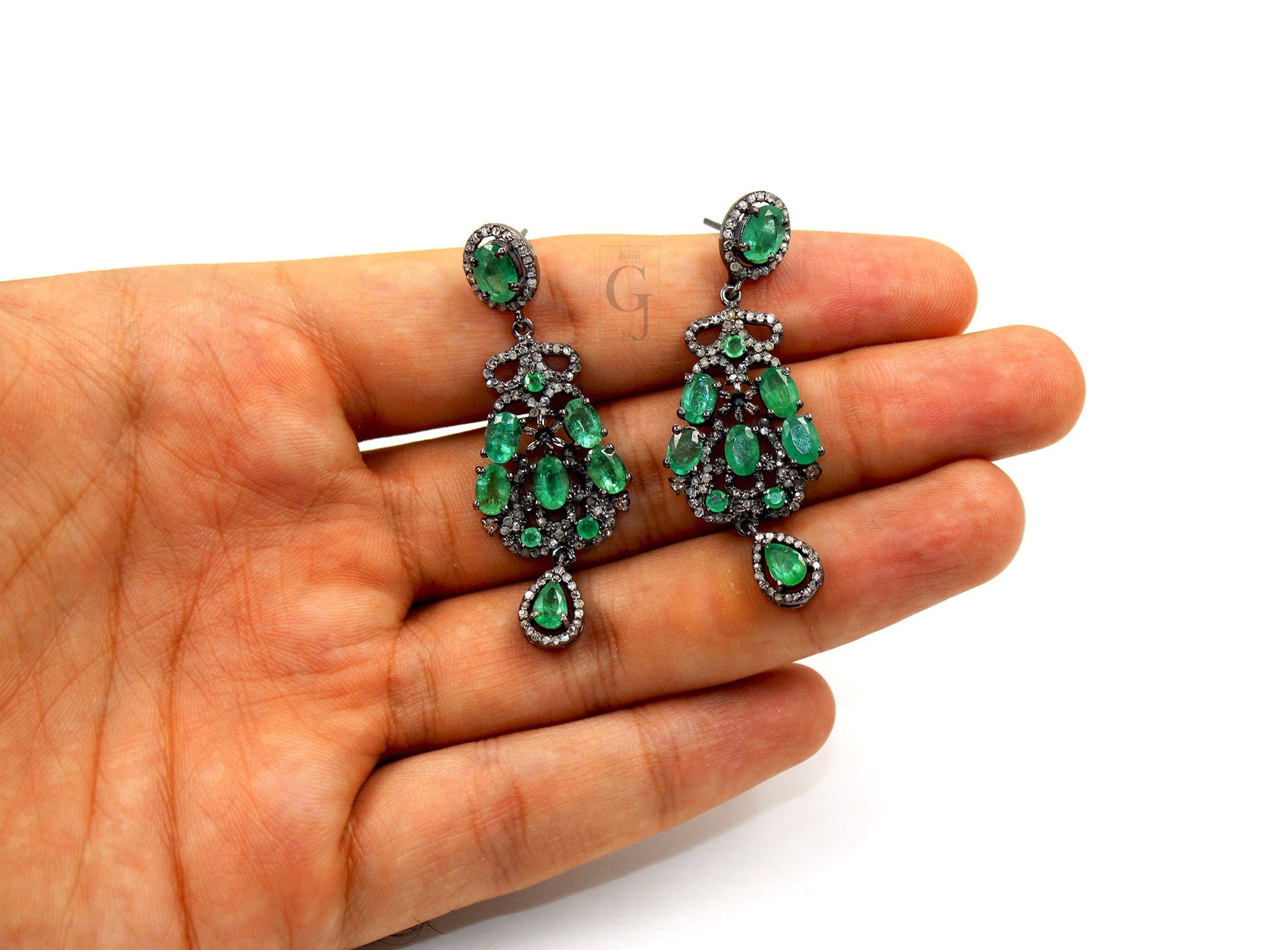 Antique Oxidized Look Emerald Earring Designer Rosecut Pave Diamond Earrings 925 Sterling Silver Handmade Silver Finish Diamond Earring