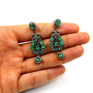 Antique Oxidized Look Emerald Earring Designer Rosecut Pave Diamond Earrings 925 Sterling Silver Handmade Silver Finish Diamond Earring