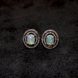 Natural Opal Oval Stud Earrings Tops Pave Rosecut Diamond 925 Sterling Silver Handmade Very Beautiful  Diamond Pave Stud Earrings