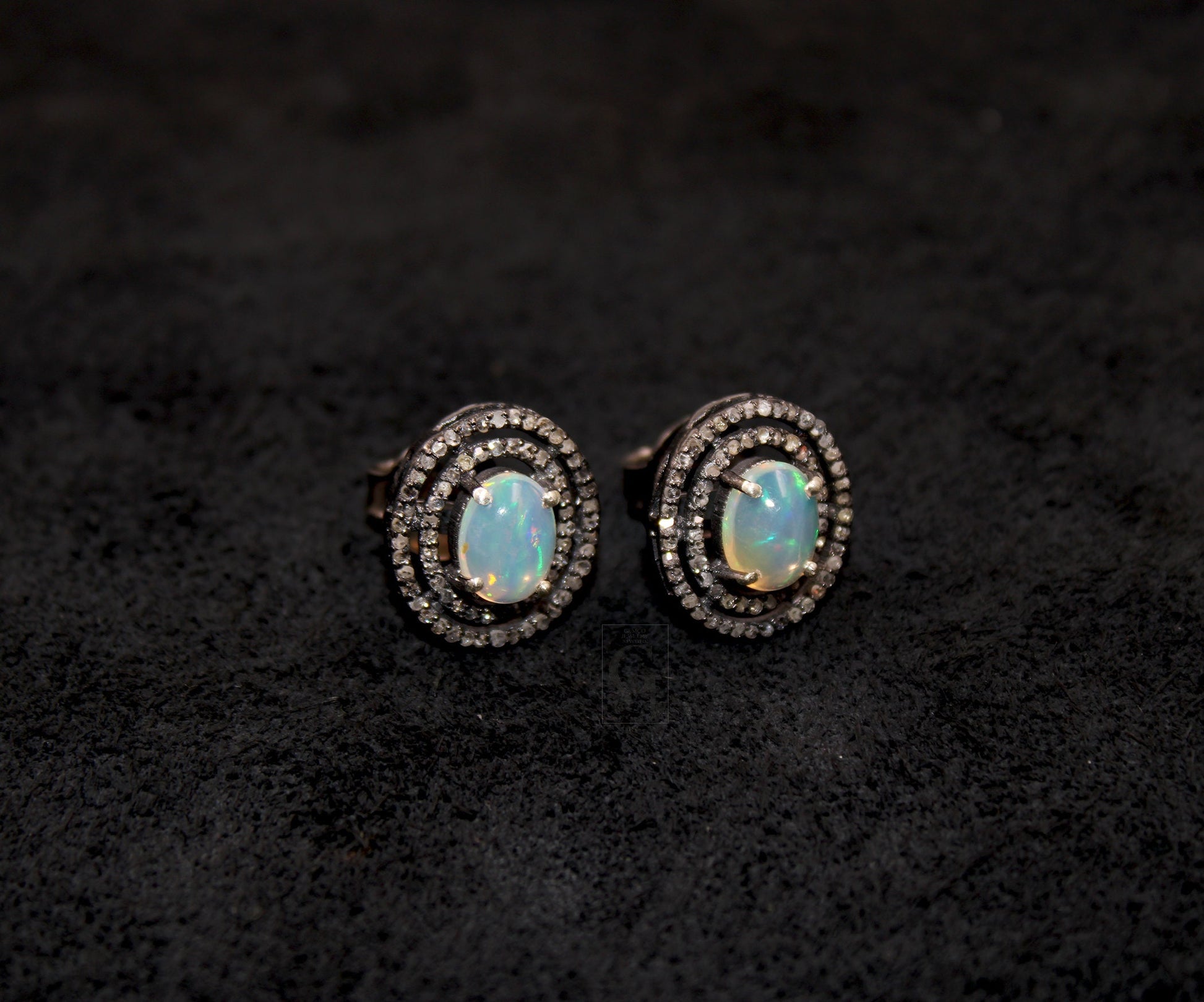 Natural Opal Oval Stud Earrings Tops Pave Rosecut Diamond 925 Sterling Silver Handmade Very Beautiful  Diamond Pave Stud Earrings