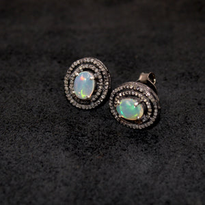 Natural Opal Oval Stud Earrings Tops Pave Rosecut Diamond 925 Sterling Silver Handmade Very Beautiful  Diamond Pave Stud Earrings