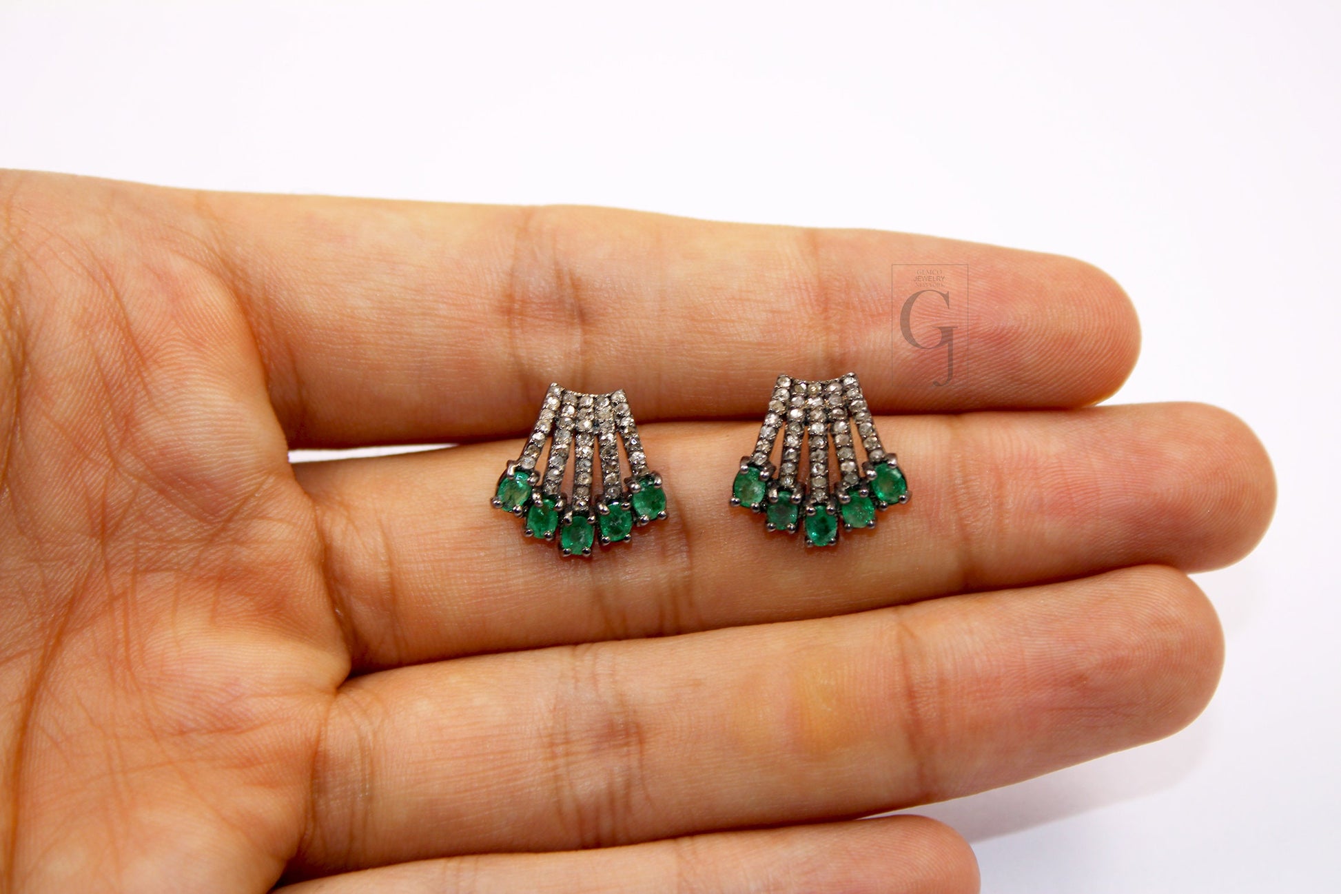 Beautiful Designer Emerald Stud Earrings Tops Pave Rosecut Diamond 925 Sterling Silver Handmade Diamond Pave Stud Earrings