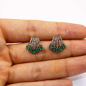 Beautiful Designer Emerald Stud Earrings Tops Pave Rosecut Diamond 925 Sterling Silver Handmade Diamond Pave Stud Earrings