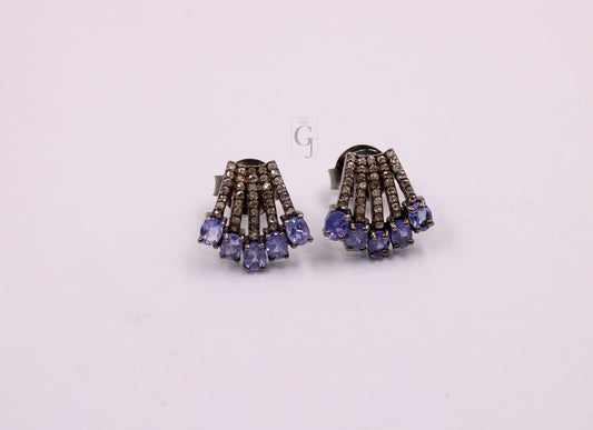 Beautiful Designer Tanzanite Stud Earrings Tops Pave Rosecut Diamond 925 Sterling Silver Handmade Diamond Pave Stud Earrings