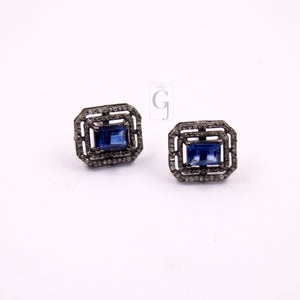 Very Beautiful Kyanite Stud Earrings Tops Pave Rosecut Diamond 925 Sterling Silver Handmade Diamond Pave Stud Earrings