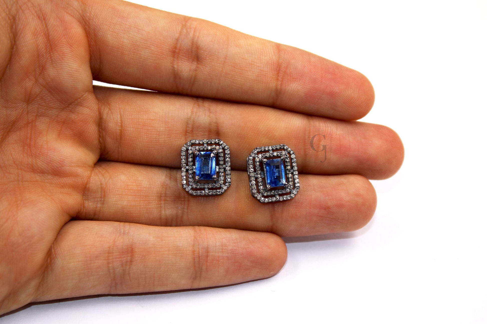 Very Beautiful Kyanite Stud Earrings Tops Pave Rosecut Diamond 925 Sterling Silver Handmade Diamond Pave Stud Earrings