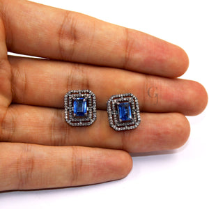 Very Beautiful Kyanite Stud Earrings Tops Pave Rosecut Diamond 925 Sterling Silver Handmade Diamond Pave Stud Earrings