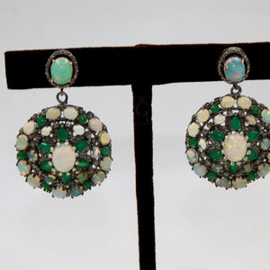 Antique Look Opal Emerald Earring Designer Earring Rosecut Pave Diamond Earrings 925 Sterling Silver Handmade Silver Finish Diamond Earring