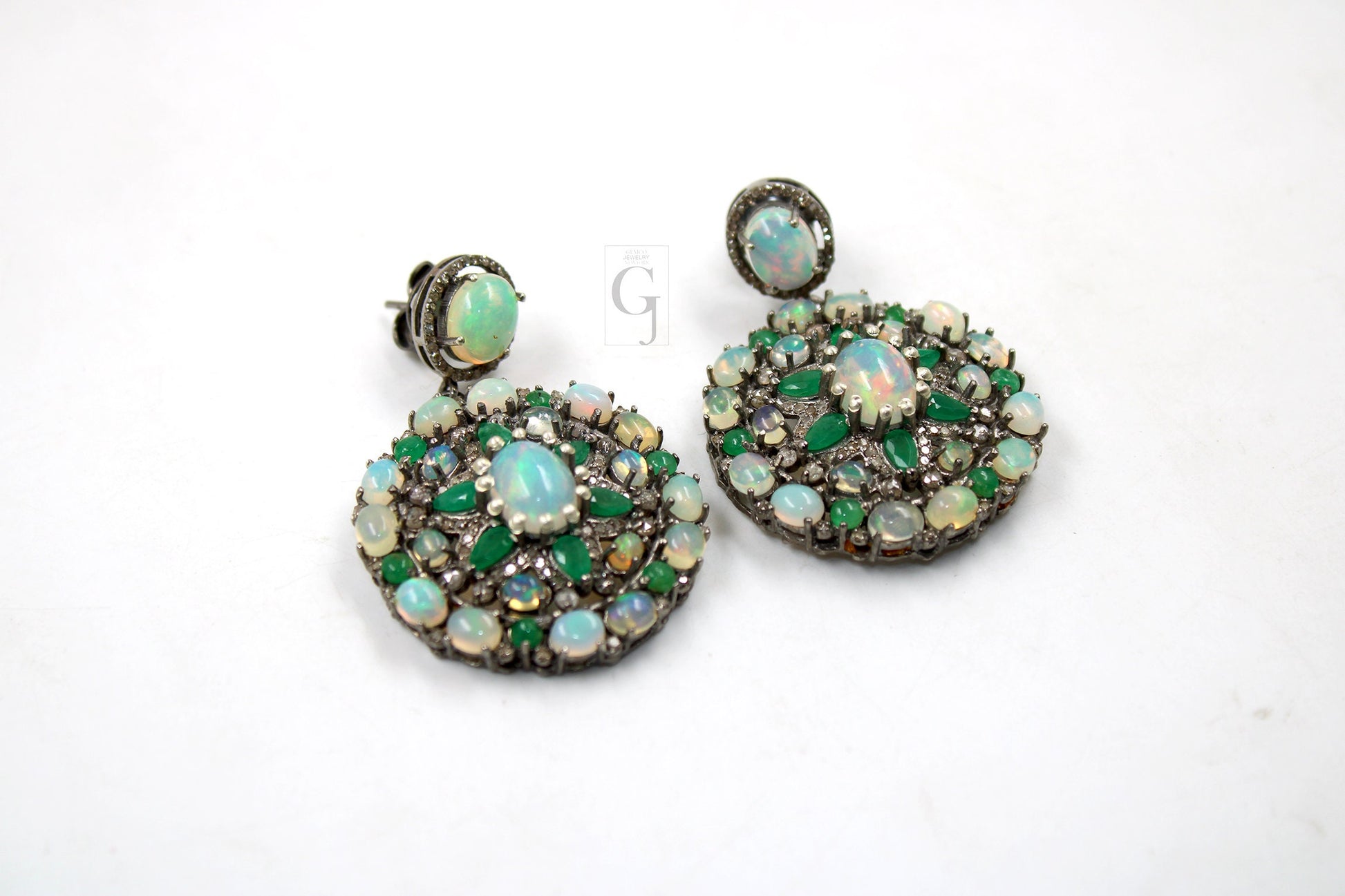 Antique Look Opal Emerald Earring Designer Earring Rosecut Pave Diamond Earrings 925 Sterling Silver Handmade Silver Finish Diamond Earring