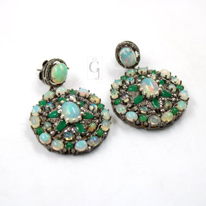 Antique Look Opal Emerald Earring Designer Earring Rosecut Pave Diamond Earrings 925 Sterling Silver Handmade Silver Finish Diamond Earring