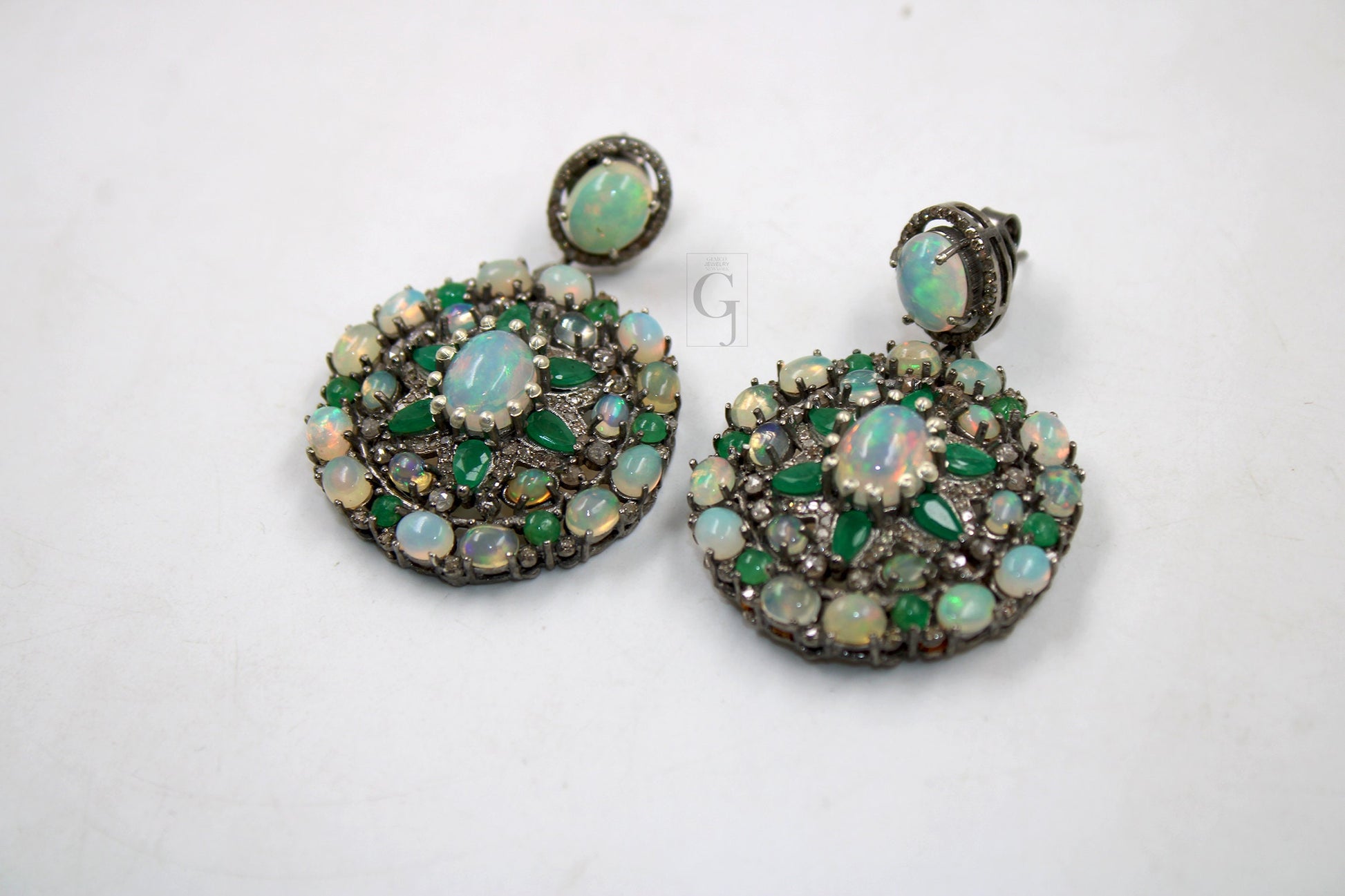 Antique Look Opal Emerald Earring Designer Earring Rosecut Pave Diamond Earrings 925 Sterling Silver Handmade Silver Finish Diamond Earring