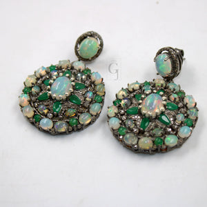 Antique Look Opal Emerald Earring Designer Earring Rosecut Pave Diamond Earrings 925 Sterling Silver Handmade Silver Finish Diamond Earring