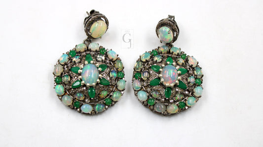 Antique Look Opal Emerald Earring Designer Earring Rosecut Pave Diamond Earrings 925 Sterling Silver Handmade Silver Finish Diamond Earring