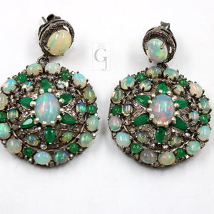 Antique Look Opal Emerald Earring Designer Earring Rosecut Pave Diamond Earrings 925 Sterling Silver Handmade Silver Finish Diamond Earring