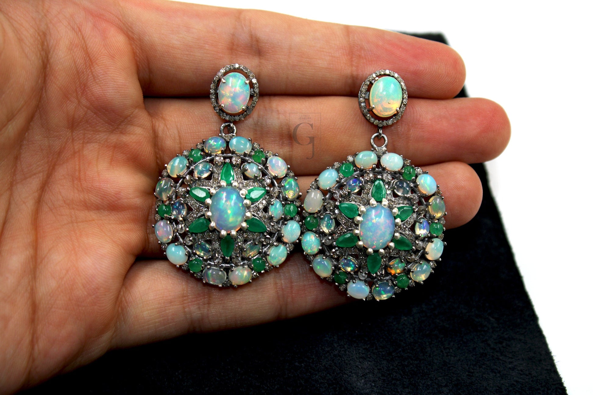 Antique Look Opal Emerald Earring Designer Earring Rosecut Pave Diamond Earrings 925 Sterling Silver Handmade Silver Finish Diamond Earring