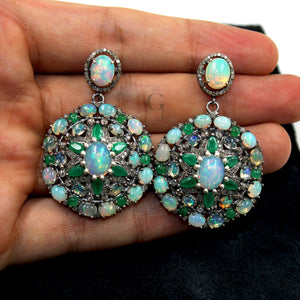 Antique Look Opal Emerald Earring Designer Earring Rosecut Pave Diamond Earrings 925 Sterling Silver Handmade Silver Finish Diamond Earring