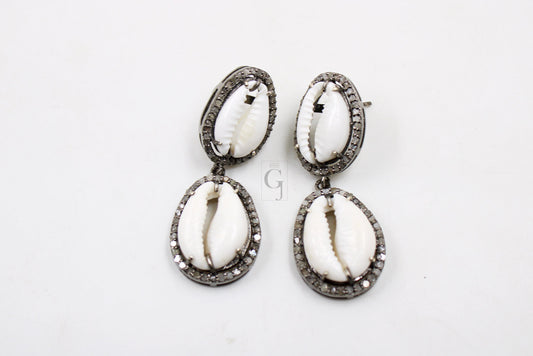 One Of a Kind Cowrie Designer Rosecut Pave Diamond Dangle Earrings 925 Sterling Silver Handmade Silver Finish Diamond Round Earrings