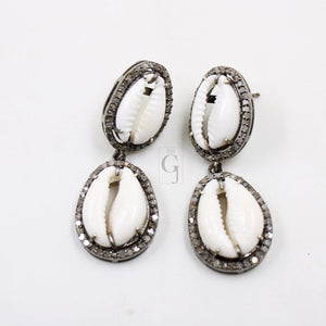 One Of a Kind Cowrie Designer Rosecut Pave Diamond Dangle Earrings 925 Sterling Silver Handmade Silver Finish Diamond Round Earrings