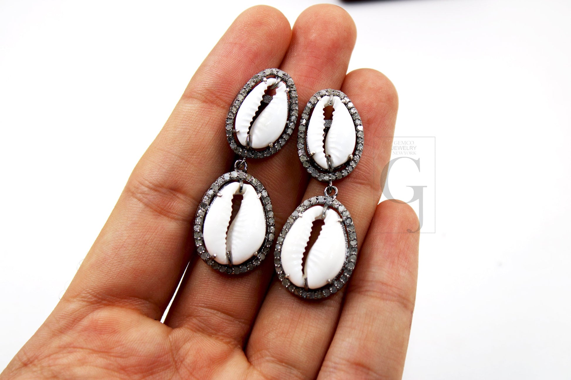 One Of a Kind Cowrie Designer Rosecut Pave Diamond Dangle Earrings 925 Sterling Silver Handmade Silver Finish Diamond Round Earrings