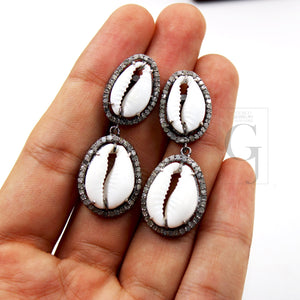 One Of a Kind Cowrie Designer Rosecut Pave Diamond Dangle Earrings 925 Sterling Silver Handmade Silver Finish Diamond Round Earrings