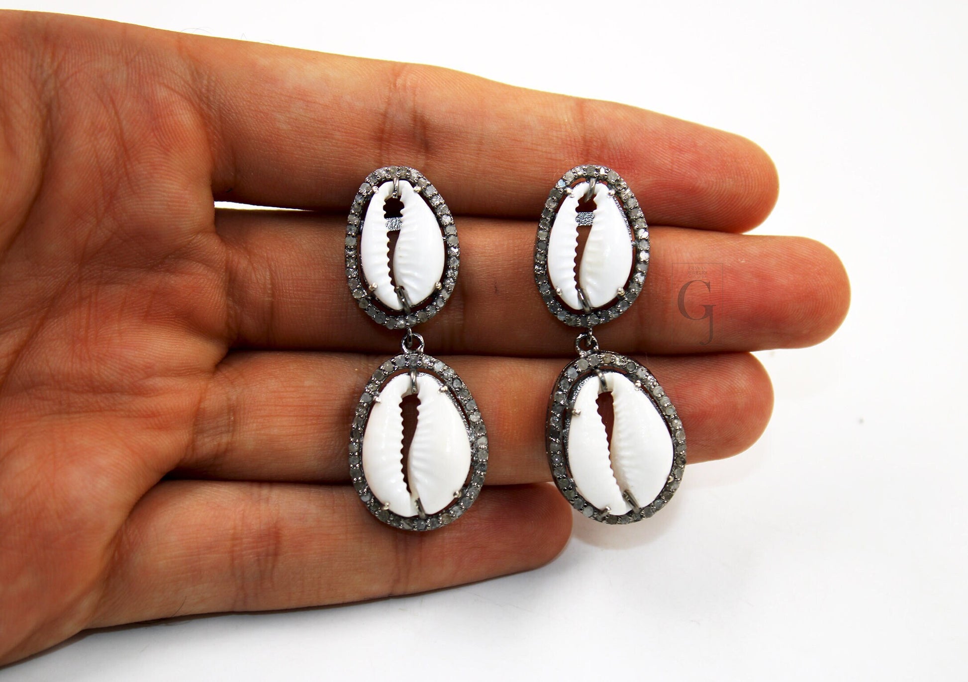 One Of a Kind Cowrie Designer Rosecut Pave Diamond Dangle Earrings 925 Sterling Silver Handmade Silver Finish Diamond Round Earrings