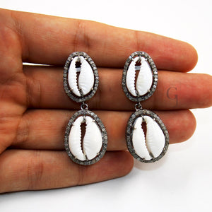 One Of a Kind Cowrie Designer Rosecut Pave Diamond Dangle Earrings 925 Sterling Silver Handmade Silver Finish Diamond Round Earrings