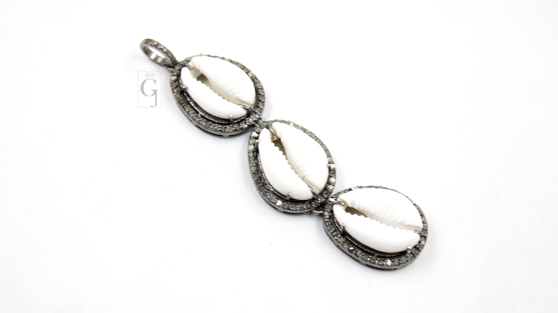 Beautiful Designer 3 Cowries Connecting Pendant Diamond Rosecut Pave Diamond Pendant 925 Sterling Silver Handmade Diamond Necklace Pendant