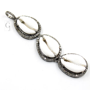 Beautiful Designer 3 Cowries Connecting Pendant Diamond Rosecut Pave Diamond Pendant 925 Sterling Silver Handmade Diamond Necklace Pendant