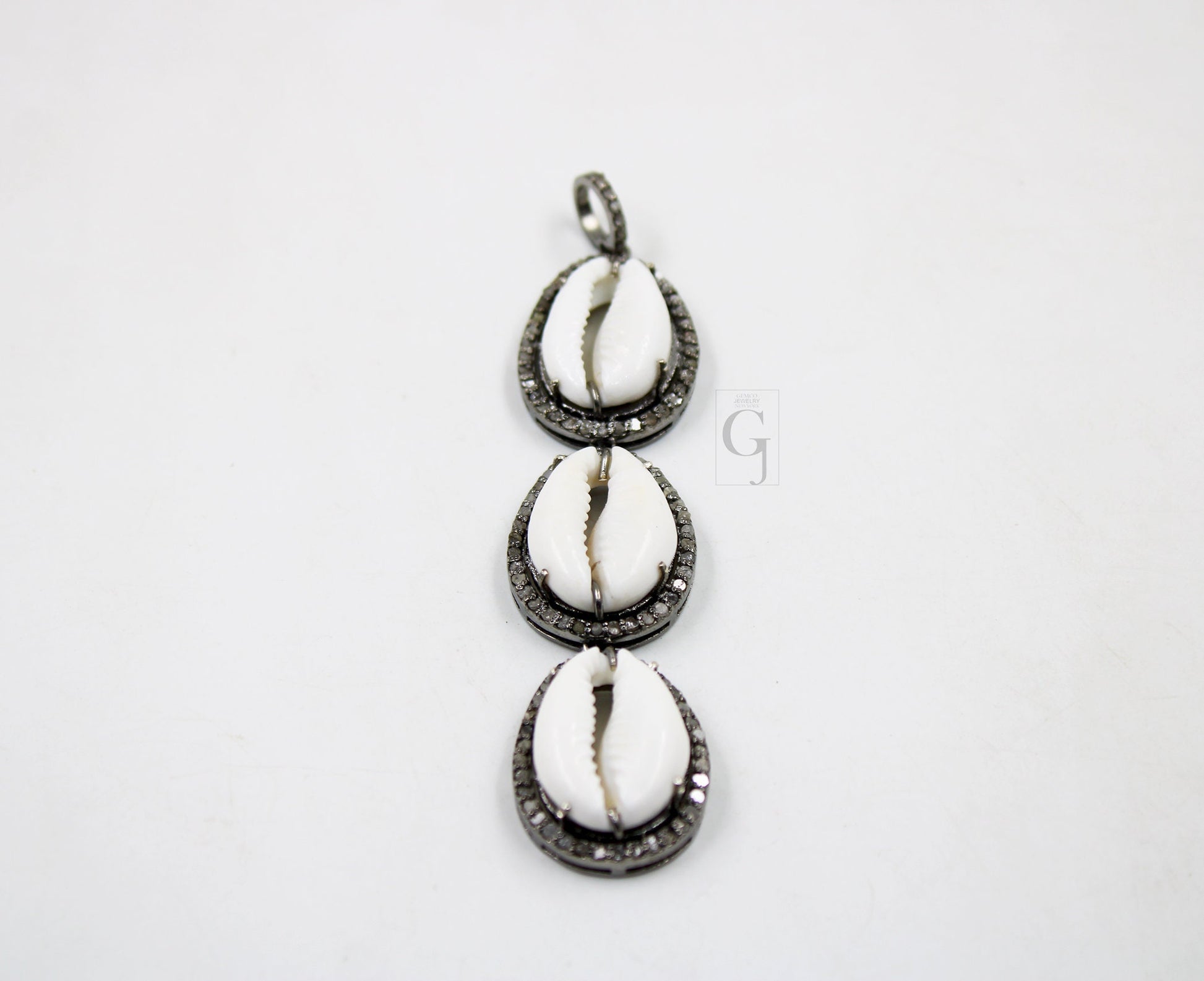 Beautiful Designer 3 Cowries Connecting Pendant Diamond Rosecut Pave Diamond Pendant 925 Sterling Silver Handmade Diamond Necklace Pendant