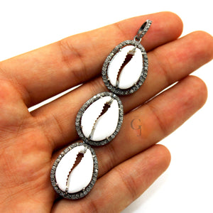 Beautiful Designer 3 Cowries Connecting Pendant Diamond Rosecut Pave Diamond Pendant 925 Sterling Silver Handmade Diamond Necklace Pendant
