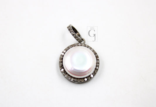 Very beautiful natural pearl pendant Rosecut pave diamond pendant 925 sterling silver handmade finish diamond charms necklace pendant