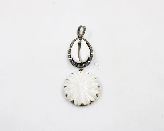 Beautiful Designer Cowrie Mother Of Pearl Pendant Diamond Rosecut Pave Diamond Pendant 925 Sterling Silver Handmade Diamond Necklace Pendant