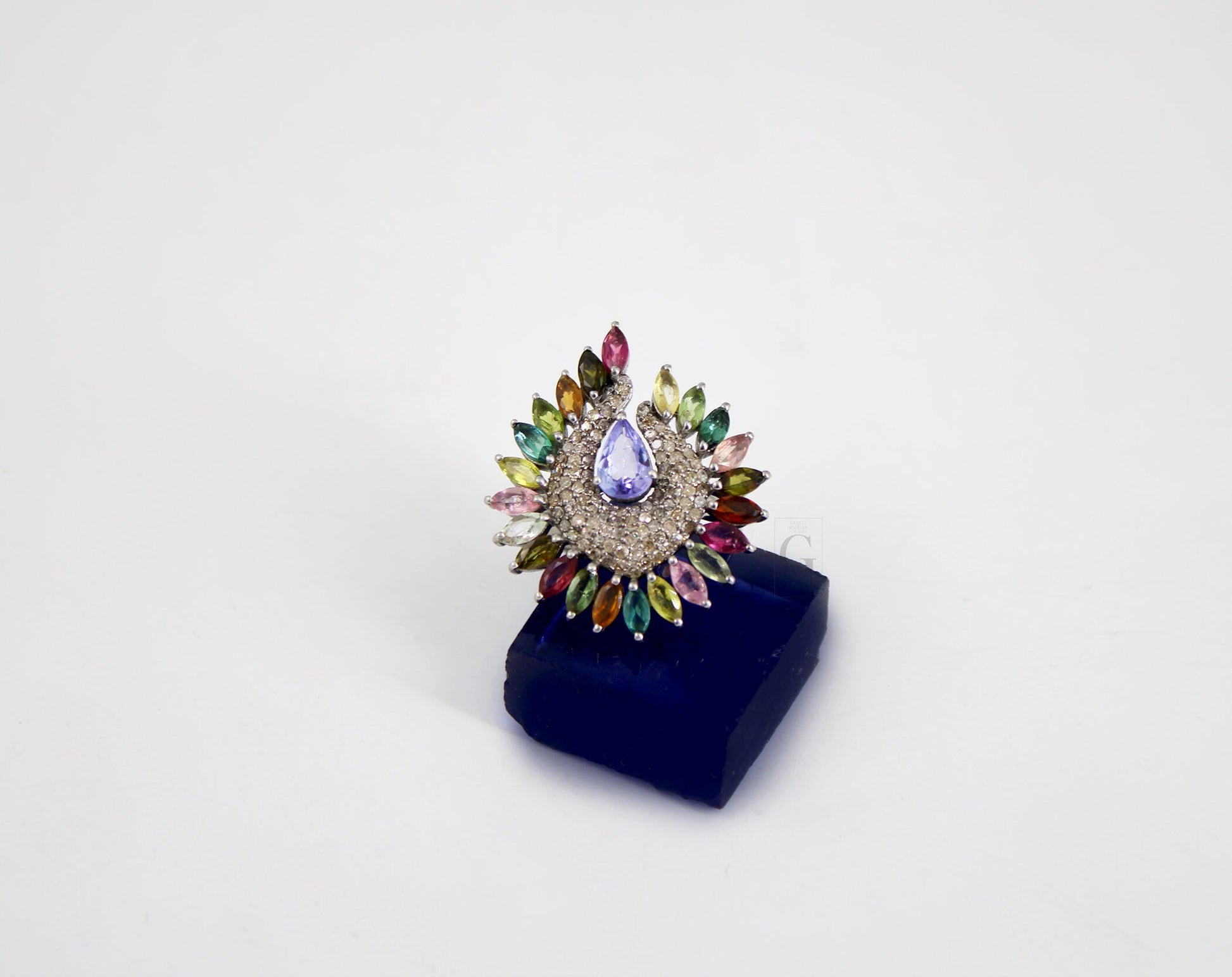 Peacock Style Multi Tourmaline Ring Tanzanite Designer Rosecut Pave Diamond Rings 925 Sterling Silver Handmade Silver Finish Diamond Ring