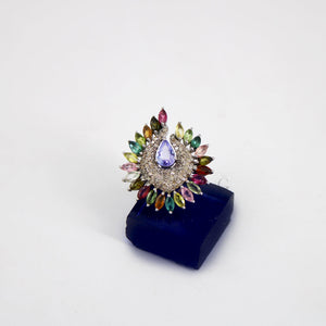 Peacock Style Multi Tourmaline Ring Tanzanite Designer Rosecut Pave Diamond Rings 925 Sterling Silver Handmade Silver Finish Diamond Ring