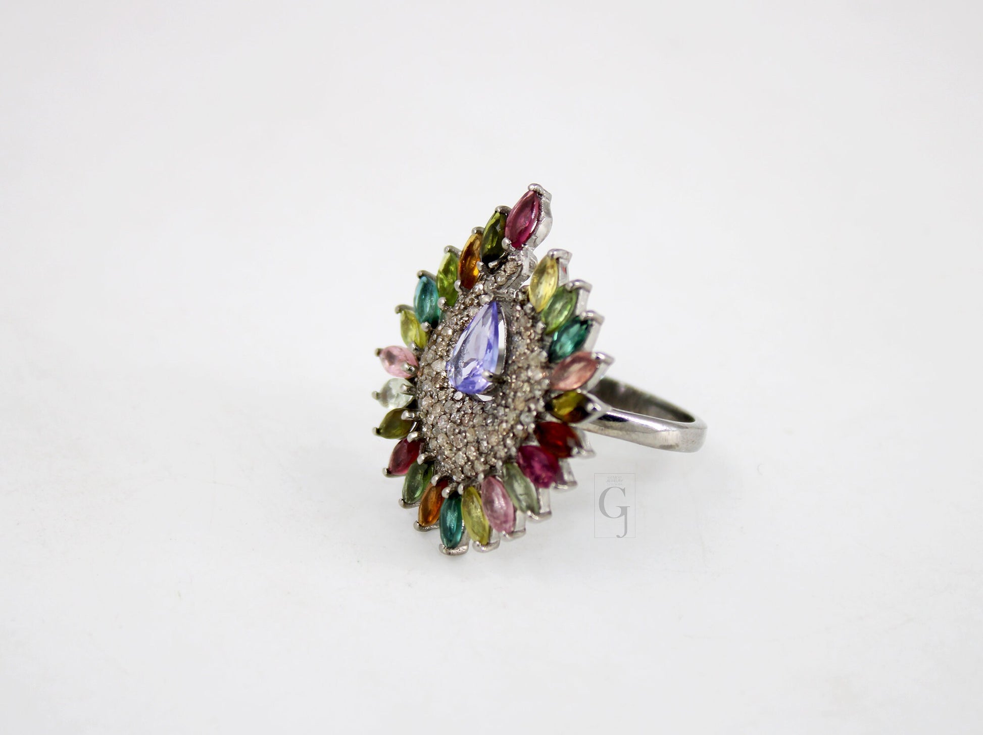 Peacock Style Multi Tourmaline Ring Tanzanite Designer Rosecut Pave Diamond Rings 925 Sterling Silver Handmade Silver Finish Diamond Ring