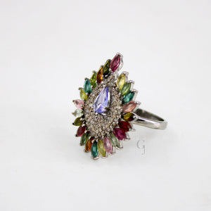 Peacock Style Multi Tourmaline Ring Tanzanite Designer Rosecut Pave Diamond Rings 925 Sterling Silver Handmade Silver Finish Diamond Ring