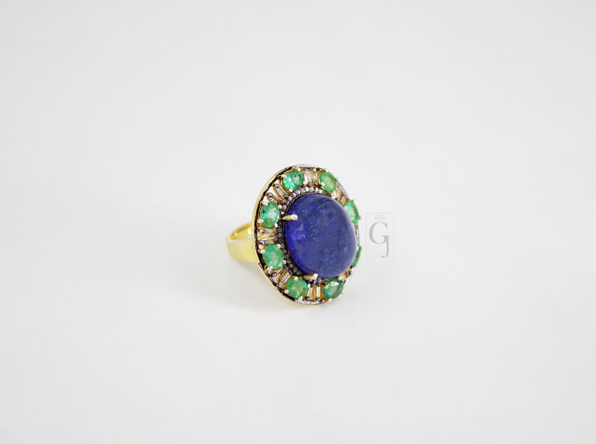 Royal Look 14k Gold Finish Tanzanite Ring , Emerald Ring  Design Rosecut Pave Diamond Ring 925 Sterling Silver Handmade Finish Diamond Ring