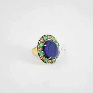 Royal Look 14k Gold Finish Tanzanite Ring , Emerald Ring  Design Rosecut Pave Diamond Ring 925 Sterling Silver Handmade Finish Diamond Ring