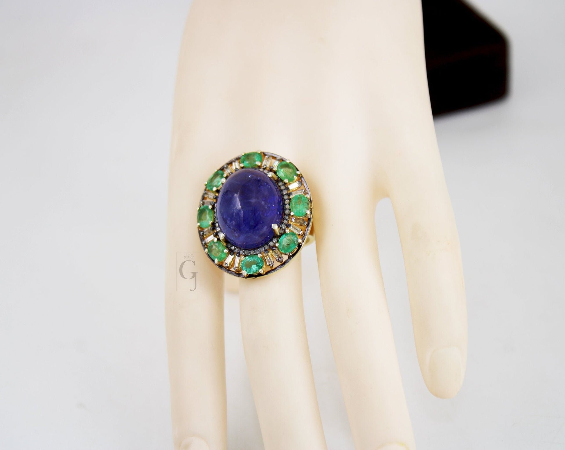 Royal Look 14k Gold Finish Tanzanite Ring , Emerald Ring  Design Rosecut Pave Diamond Ring 925 Sterling Silver Handmade Finish Diamond Ring