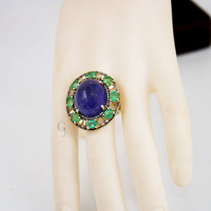 Royal Look 14k Gold Finish Tanzanite Ring , Emerald Ring  Design Rosecut Pave Diamond Ring 925 Sterling Silver Handmade Finish Diamond Ring