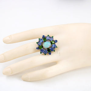 Beautiful Opal Ring, Kyanite Ring, Chrome Diopside Ring Design Rosecut Pave Diamond Ring 925 Sterling Silver Handmade Finish Diamond Ring