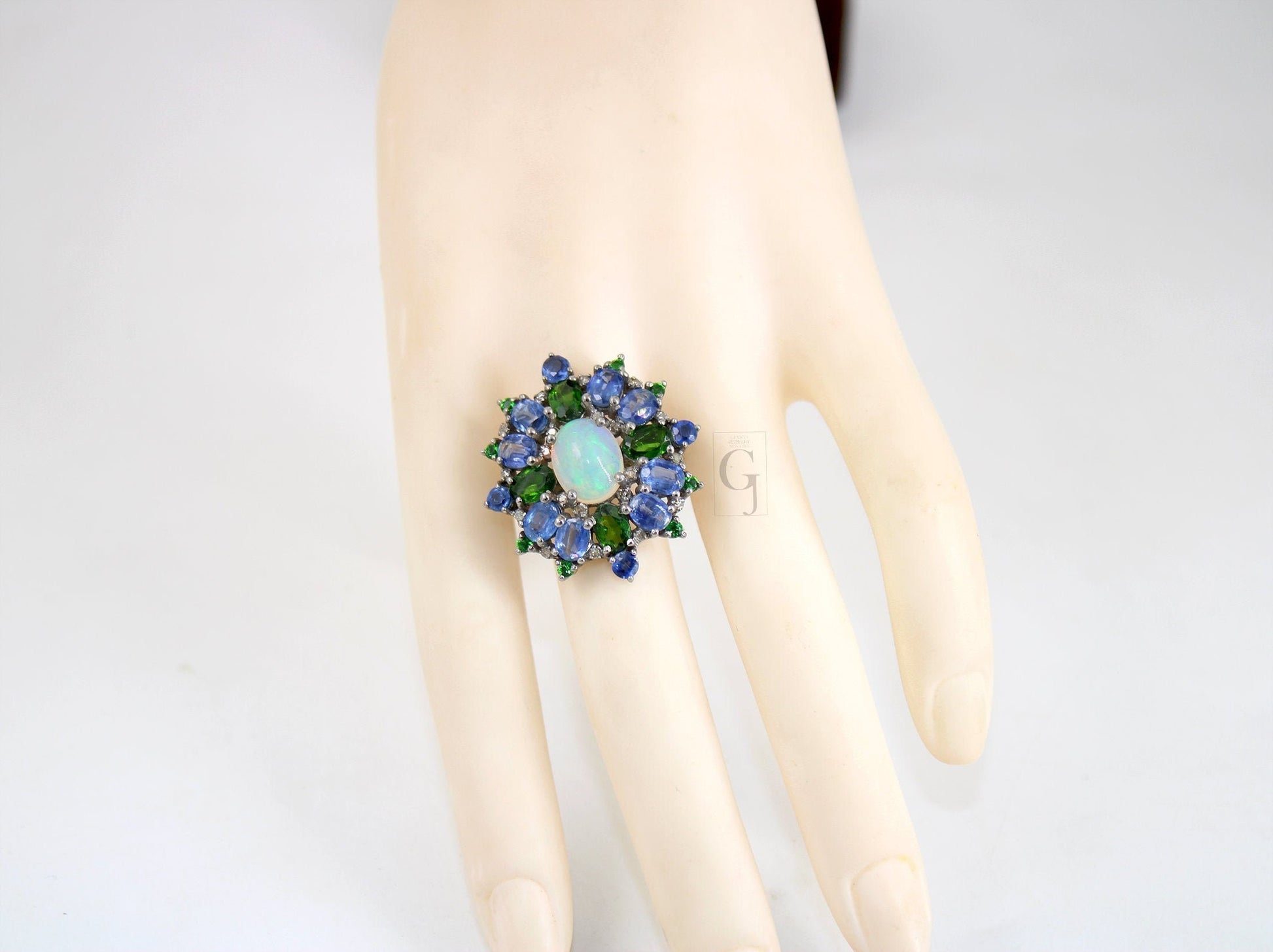 Beautiful Opal Ring, Kyanite Ring, Chrome Diopside Ring Design Rosecut Pave Diamond Ring 925 Sterling Silver Handmade Finish Diamond Ring