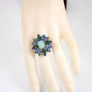 Beautiful Opal Ring, Kyanite Ring, Chrome Diopside Ring Design Rosecut Pave Diamond Ring 925 Sterling Silver Handmade Finish Diamond Ring