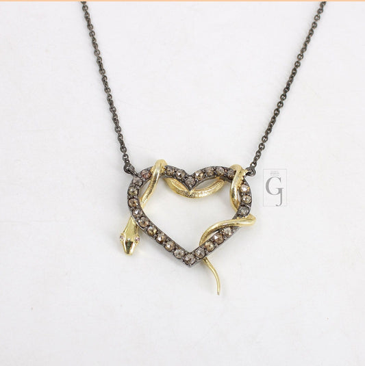 Beautiful Heart And Snake Pendant Necklace Designer Rosecut Pave Diamond Pendant Sterling 925 Silver Handmade Finish Diamond Charms Pendant
