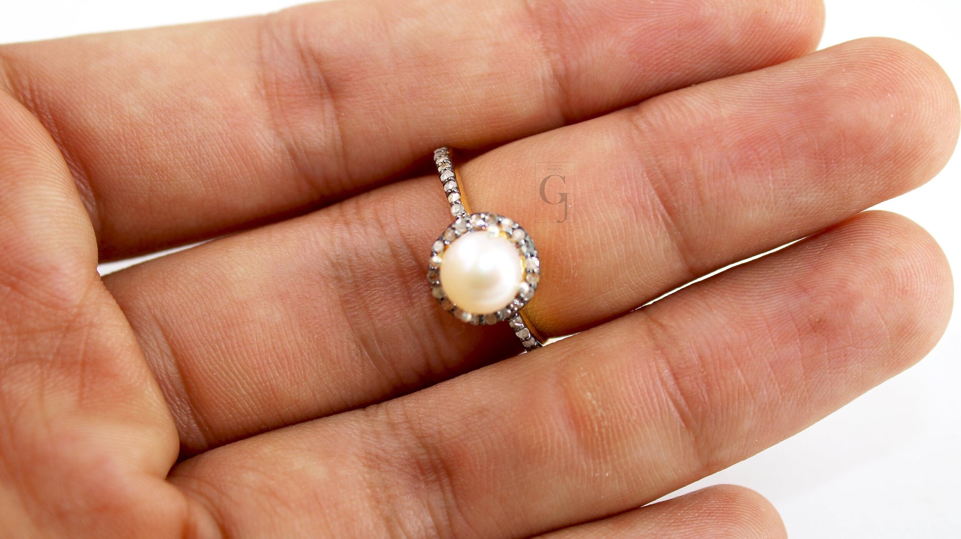 14k gold finish pearl ring designer Rosecut pave diamond rings 925 sterling silver handmade silver finish diamond jewelry ring