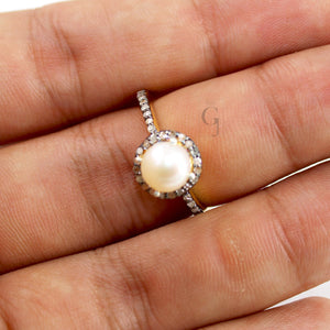 14k gold finish pearl ring designer Rosecut pave diamond rings 925 sterling silver handmade silver finish diamond jewelry ring