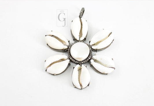 Beautiful Flower Designer Cowrie Pearl Pendant Diamond Rosecut Pave Diamond Pendant 925 Sterling Silver Handmade Diamond Necklace Pendant