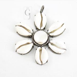 Beautiful Flower Designer Cowrie Pearl Pendant Diamond Rosecut Pave Diamond Pendant 925 Sterling Silver Handmade Diamond Necklace Pendant